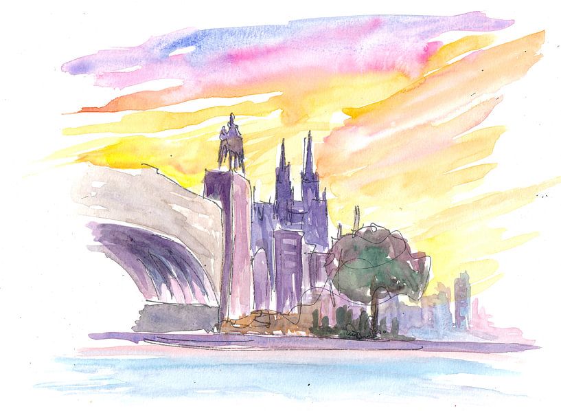 Zonsondergang in Keulen met kathedraal en brug van Markus Bleichner