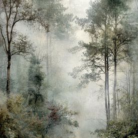 Abstract Forest Landscape - Green Beige Tranquil Painting by BowiScapes abstract and digital art