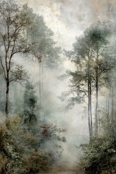 Abstract Forest Landscape - Green Beige Tranquil Painting by BowiScapes - Fine Art Landscapes