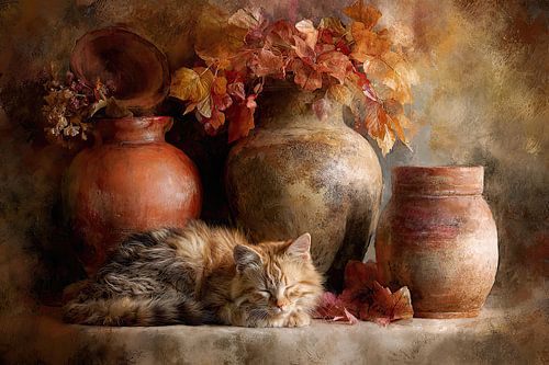Kat in Herfsttinten - Sfeervol Aardetinten Stilleven