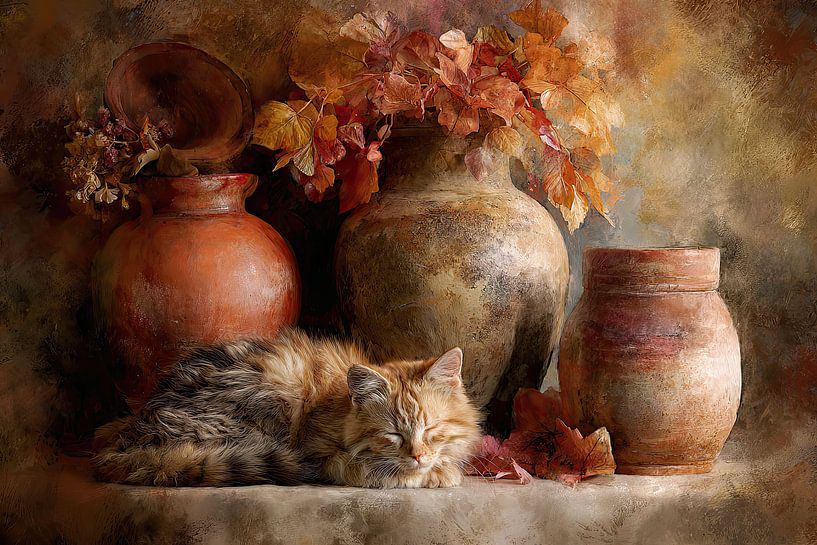 Cat in Autumn Shades - Atmospheric Earth Tones Still Life by Joriali photography and paintings