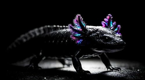 Neonleuchtender Axolotl – Düstere, stimmungsvolle Fotografie – Kunstfotografie von MIROKKU