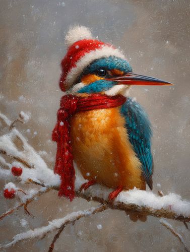 Colourful kingfisher in Christmas outfit with red hat and scarf in the snow by But First Framing