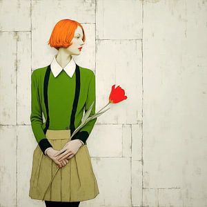 Sie wartet mit einer Tulpe