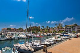 Boats at marina harbour of Cala Bona on Mallorca island, Spain Mediterranean Sea