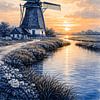 Lueur du crépuscule au bord du polder, couronne de moulin en bleu et or sur BS