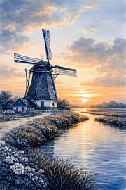 Schemerglans aan de Polderrand, Molenkroon in Blauw en Goud van BS