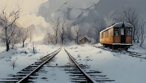 ein Waggon auf schneebedeckten Bahngleisen