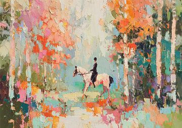 Rider on a white horse in the forest