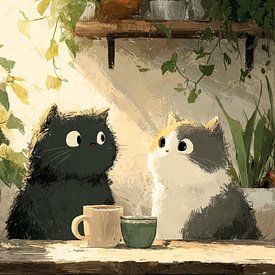 Deux chats avec des tasses dans un moment de silence sur Erika Kaisersot