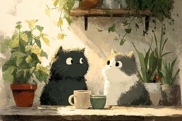 Zwei Katzen mit Tassen im stillen Moment von Erika Kaisersot