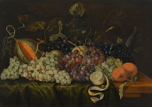 Stilleven met rode, zwarte en groene druiven aan de wijnstok, samen met sinaasappelen, Jacob Marrel