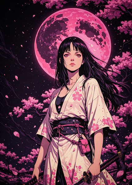 Anime Samurai Girl Kirschblüte Sakura Mondlicht von Ruzerin