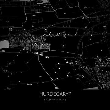 Zwart-witte landkaart van Hurdegaryp, Fryslan. van Rezona