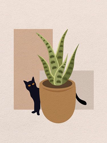 Art minimal d'un chat derrière un simple pot de fleurs
