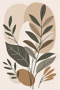 Boho Abstract Botanical Illustration with Earthy Organic Shapes and Leaves