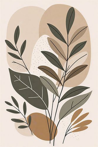 Abstrakte botanische Illustration im Boho-Stil mit erdigen, organischen Formen und Blättern