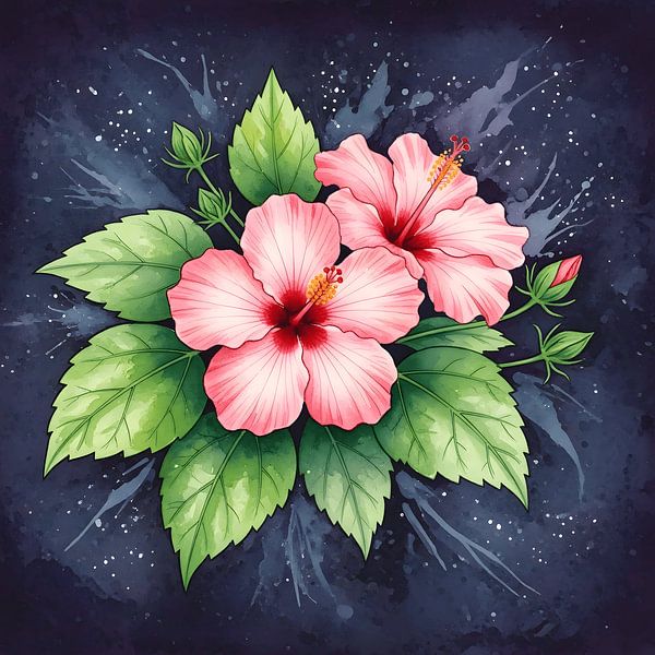 Elegante Aquarell-Hibiskusblüten mit üppigen grünen Blättern auf einem dunklen, verträumten Hintergrund, der ein lebhaftes tropisches Gefühl vermittelt von DNArt Gallery's