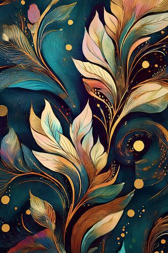 Behang met structuur en bladeren in groen en goud