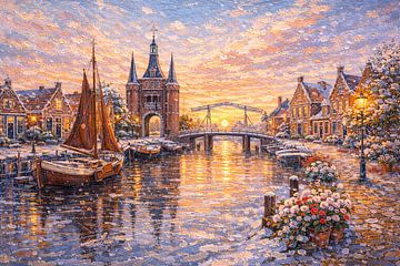 'Sloten' A winter scene in Friesland, Netherlands – painting. by Johannes