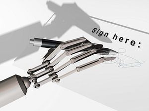 robot hand zet een handtekening van Emiel de Lange