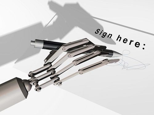 robot hand zet een handtekening