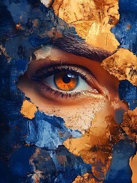 Beschilderd gezicht met bladgoud en verfschilfers. Abstract portret.