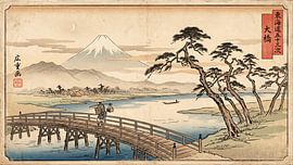 Hiroshige: Die große Brücke über den Tōkaidō mit dem Fuji – Japanischer Holzschnitt (Ukiyo-e) von Studio Pieternel