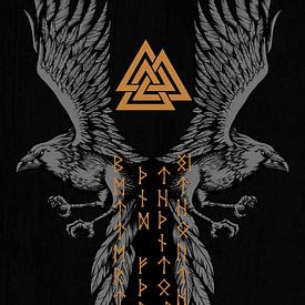 Viking raaf met Valknut symbool en runen van Pixelbull Design