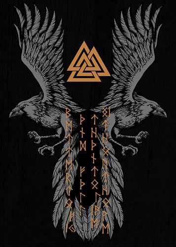 Viking raaf met Valknut symbool en runen