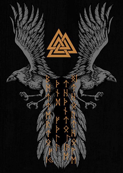Viking raven with Valknut symbol and runes by Pixelbull Design