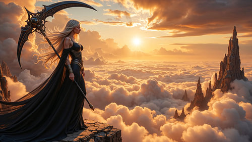 Dark Fantasy Wandbild: ASTRAVERA – Die weibliche Grim Reaper über den Wolken bei Sonnenaufgang
