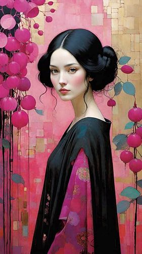 Frau in traditioneller Tracht mit rosa Blumen von Gabriela Rubtov