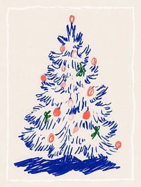 Speelse handgetekende kerstboomillustratie in blauw en rood met minimalistische charme