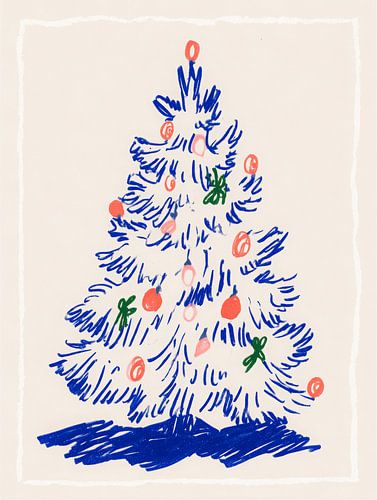 Verspielte handgezeichnete Weihnachtsbaum-Illustration in Blau und Rot mit minimalistischem Charme