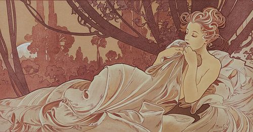 Dämmerungsmalerei Liegende Dame Dornröschen I - Jugendstil Malerei Mucha
