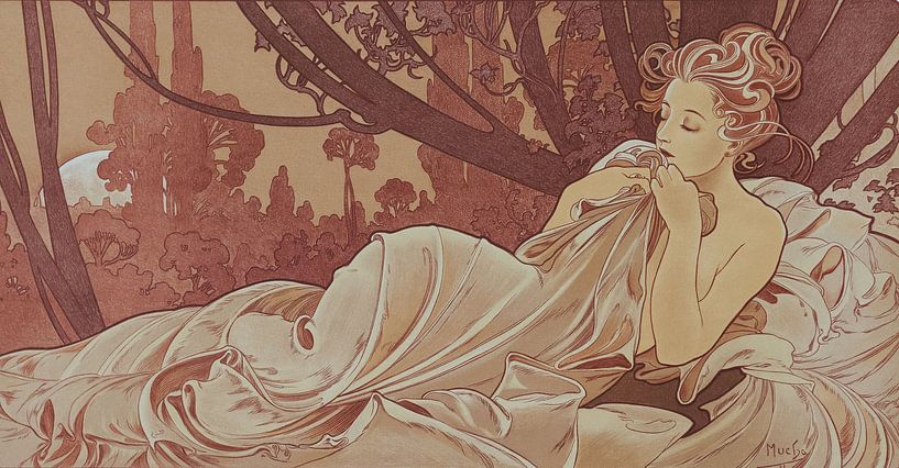 Schemer Schilderij Liggende Dame Slapende Schoonheid I - Art Nouveau Schilderij Mucha Jugendstil van Alphonse Mucha