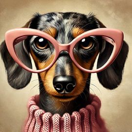Teckel kijkt door een roze bril van Marijke Trienekens