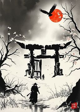 Samouraï japonais Style Sumi-e Paysage japonais Artwork