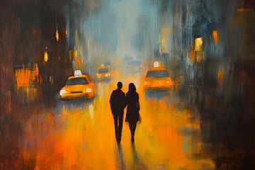 Echtpaar in de mistige avond van de stad van Poster Art Shop