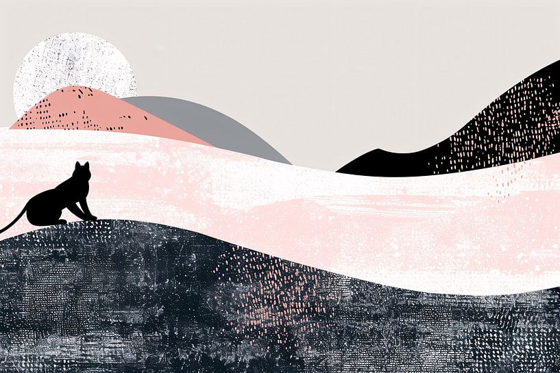 Minimalist artwork of cat in abstract landscape by Art & Soul Creations
