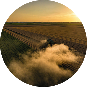 Combine oogst tarwe tijdens zomerse zonsondergang