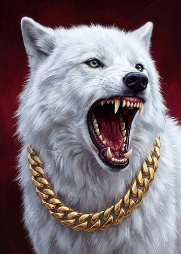 Aggressiver weißer Wolf mit Goldkette im urbanen Stil
