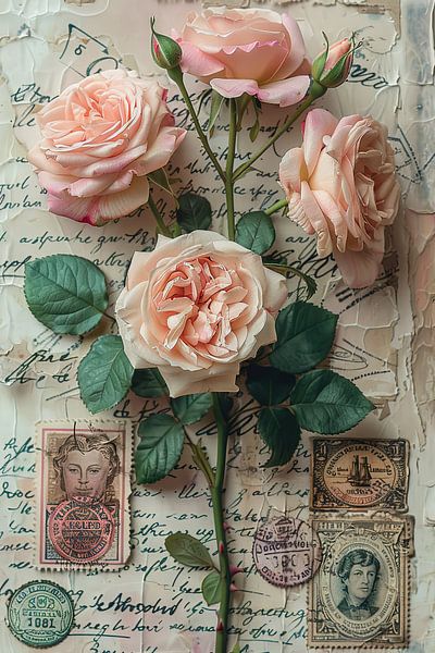 Vintage rozen en postzegels van Poster Art Shop
