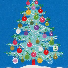 Fröhliche bunte Weihnachtsbaum-Illustration mit klassischen Kugeln auf blauem Hintergrund von But First Framing