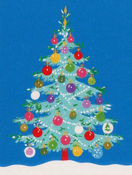 Cheerful colourful Christmas tree illustration with classic baubles on blue background by But First Framing