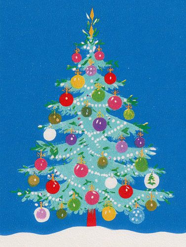 Vrolijke kleurrijke kerstboom illustratie met klassieke kerstballen op blauwe achtergrond van But First Framing