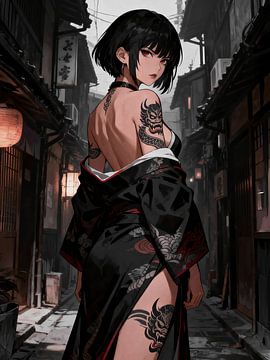 Kimono ANIME Dragon Tattoo - Esthétique Yakuza sombre et urbaine dans une ruelle nocturne sur Minggu Galeri
