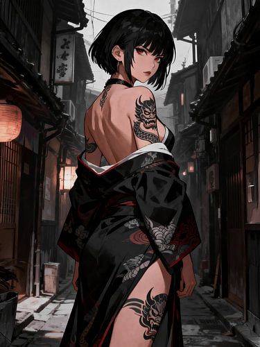 ANIME Drachen-Tattoo-Kimono – Dunkle urbane Nachtgasse im Yakuza-Stil