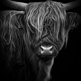 Schotse Hooglander digital art, in zwart-wit van Marjolein van Middelkoop